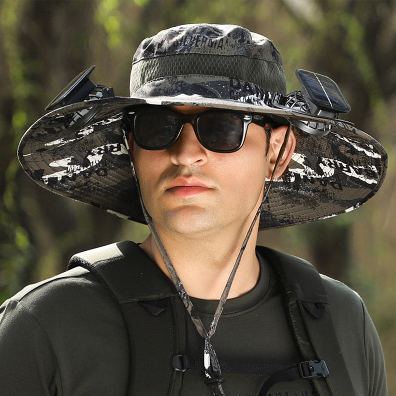Solar Fan Sun Hat – Wide Brim UV Fishing Cap for Outdoors