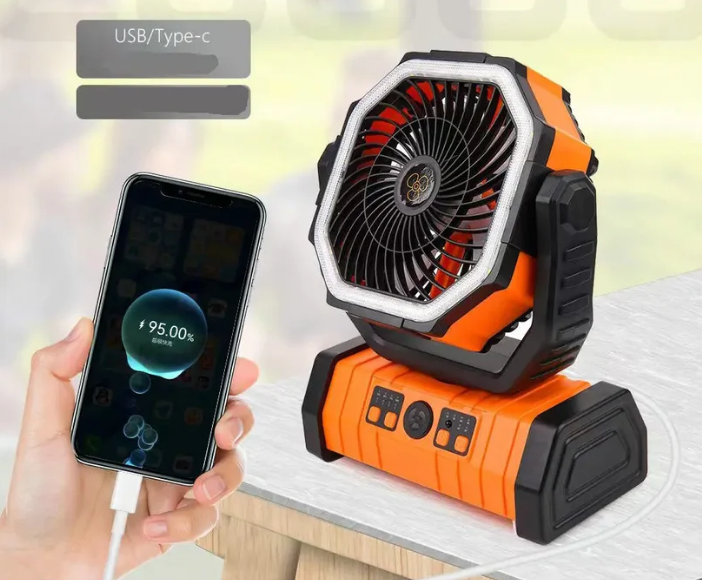 Portable Camping Fan - USB Rechargeable, Quiet, LED Light, 3 Speeds