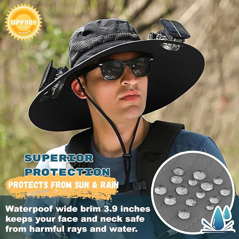 Solar Fan Sun Hat – Wide Brim UV Fishing Cap for Outdoors