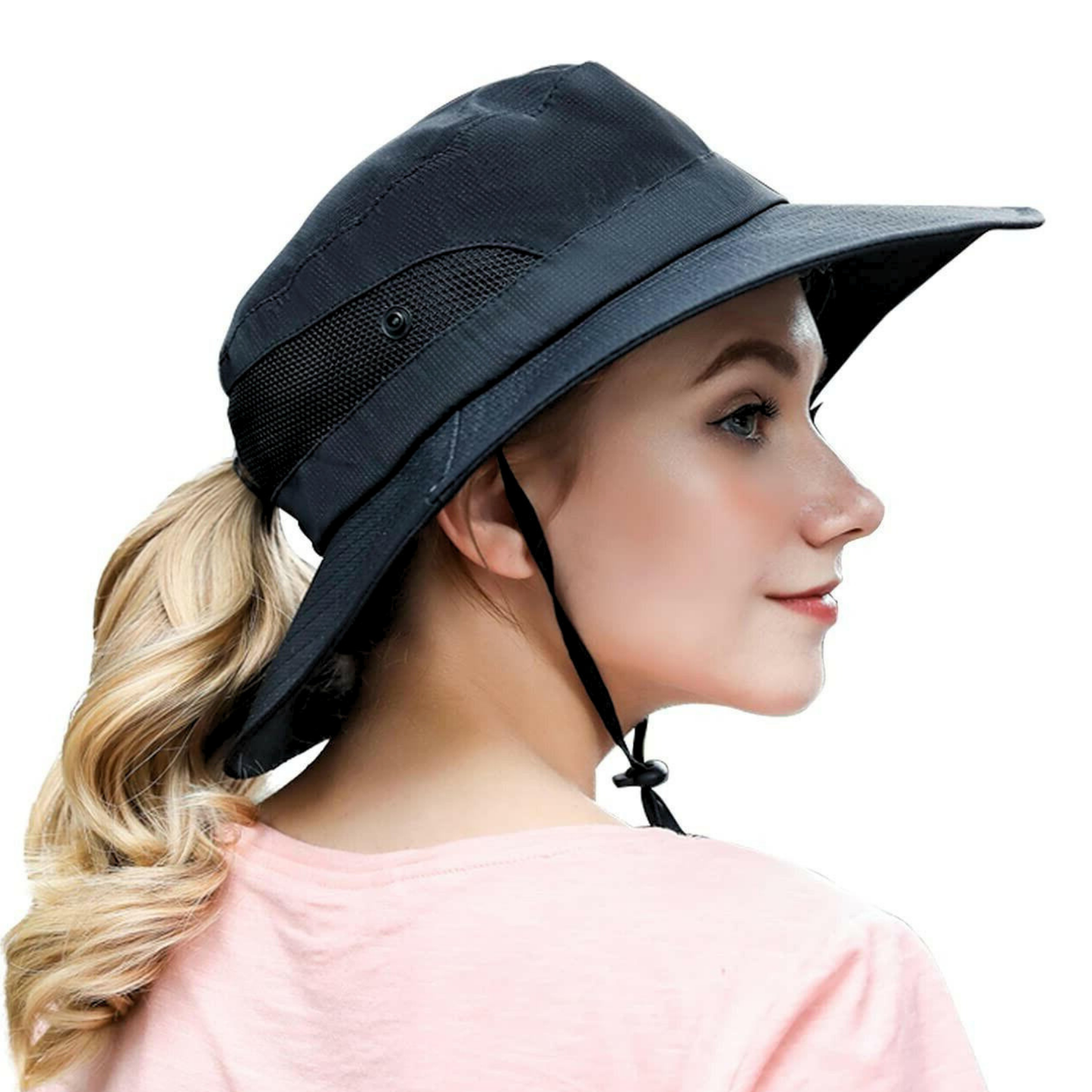 Wide Brim Sun Hat with Ponytail Hole – UV Protection