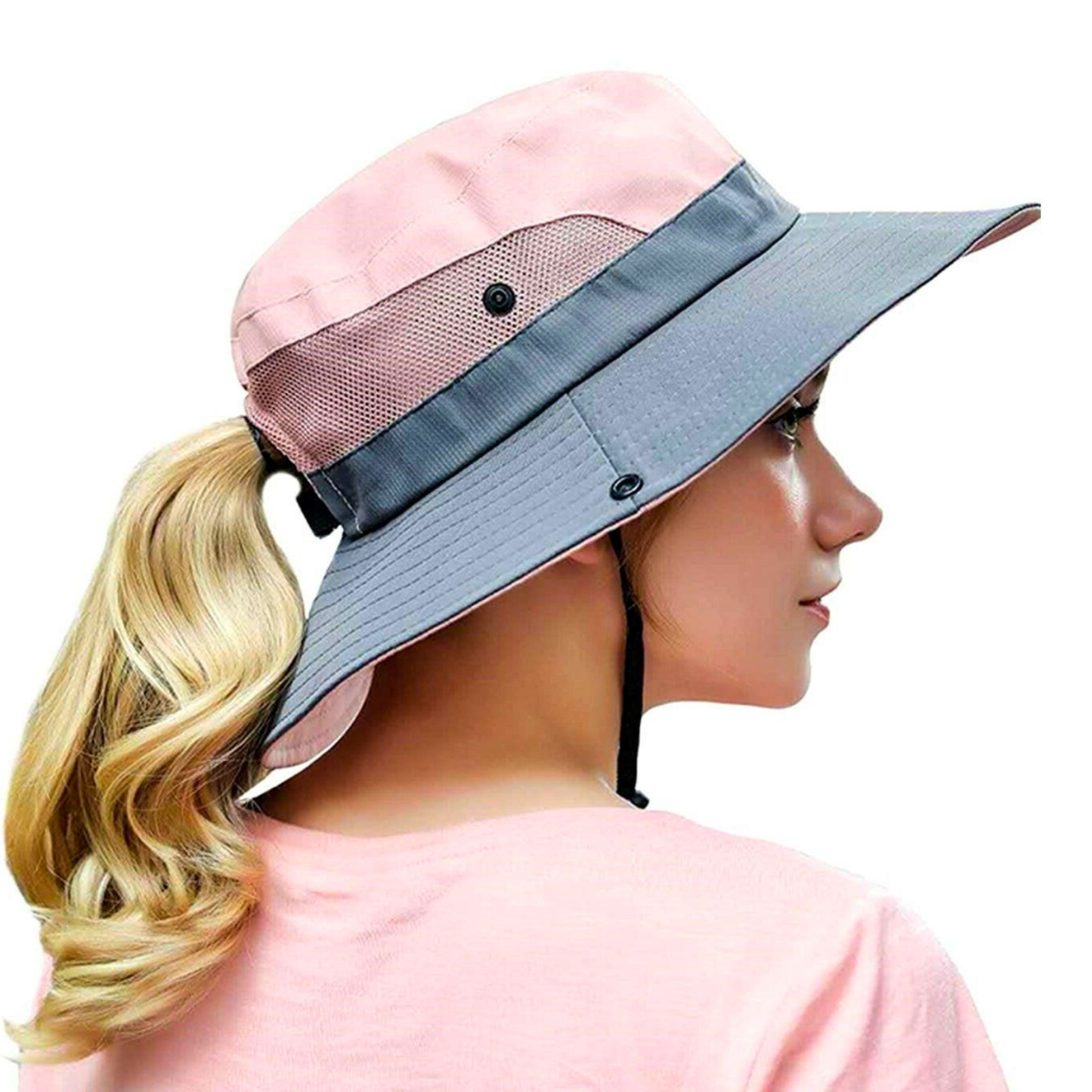 Wide Brim Sun Hat with Ponytail Hole – UV Protection