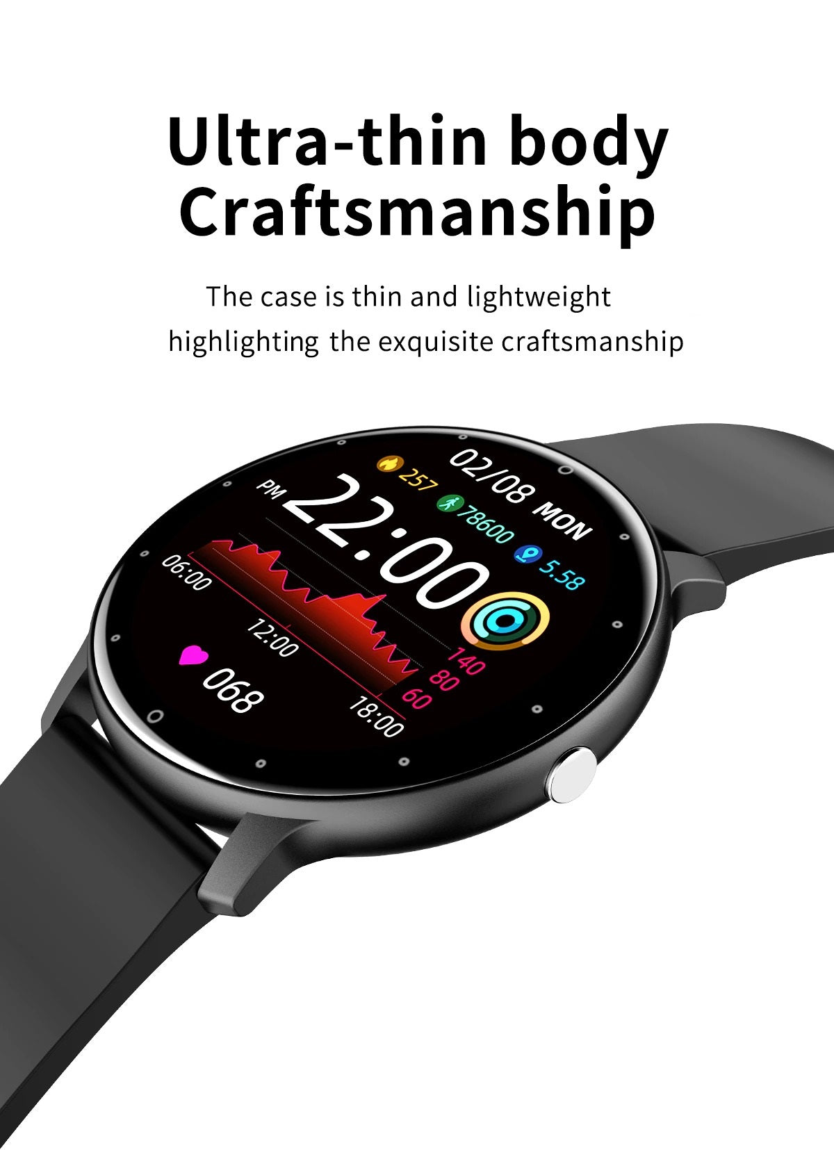 IP67 Ultra-thin Smartwatch - Slim Full Touchscreen Fitness Tracker with Waterproof Design