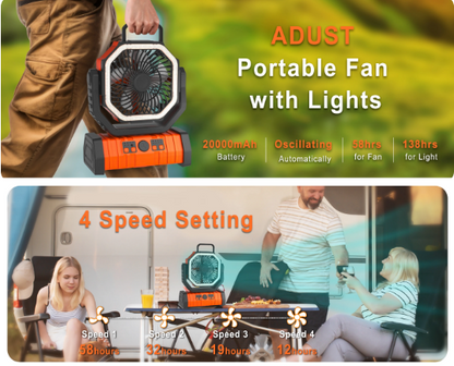 Portable Camping Fan - USB Rechargeable, Quiet, LED Light, 3 Speeds