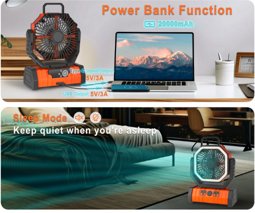 Portable Camping Fan - USB Rechargeable, Quiet, LED Light, 3 Speeds