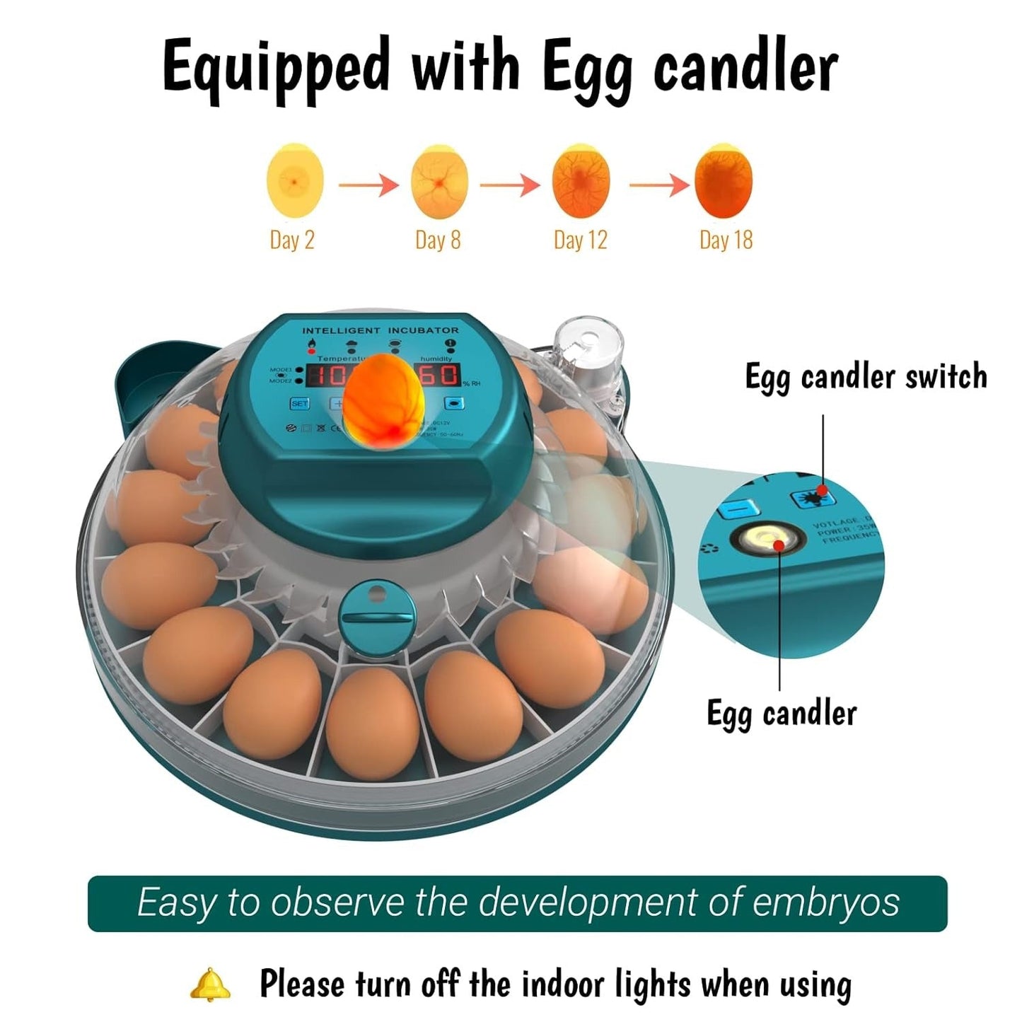 15-Egg Automatic Incubator with Humidity Control & Candler