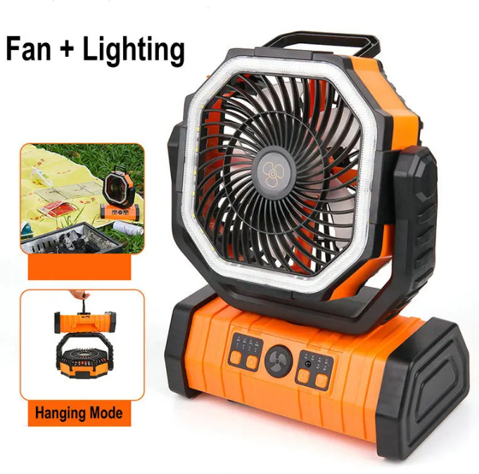 Portable Camping Fan - USB Rechargeable, Quiet, LED Light, 3 Speeds