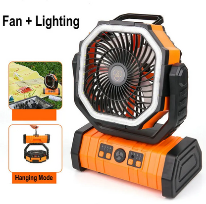 Portable Camping Fan - USB Rechargeable, Quiet, LED Light, 3 Speeds