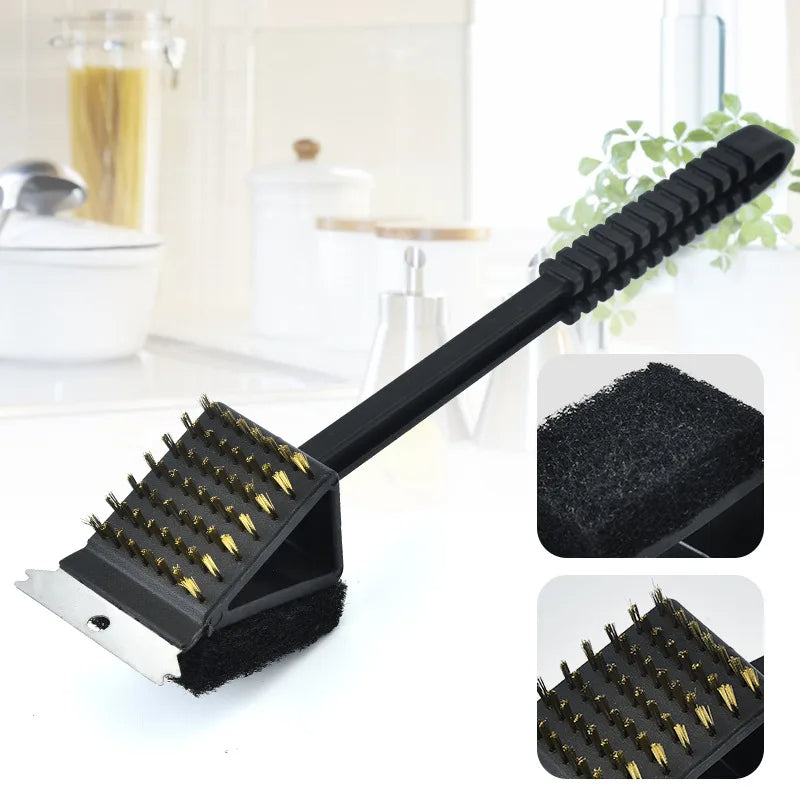 3-in-1 BBQ Grill Brush with Scraper & Cleaning Sponge