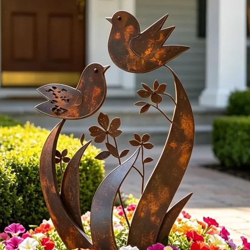 Iron garden stake with bird and flower motif