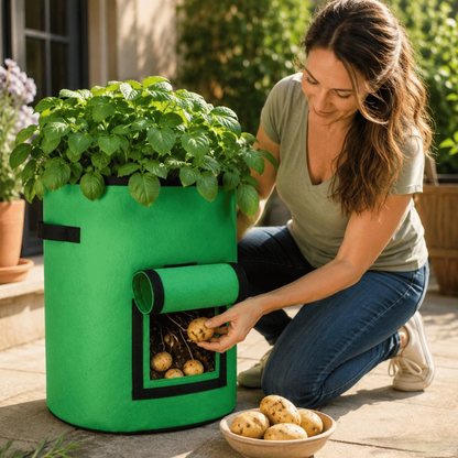 Potato planting bag with harvest window