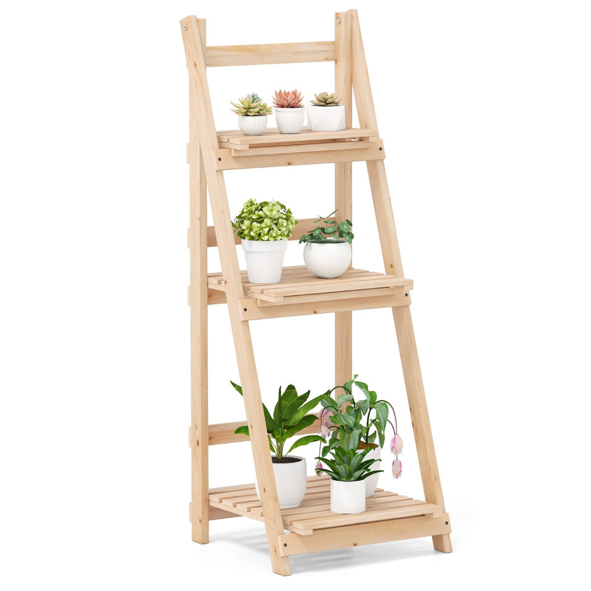 3-Tier Foldable Fir Wood Plant Stand – Ladder Shelf