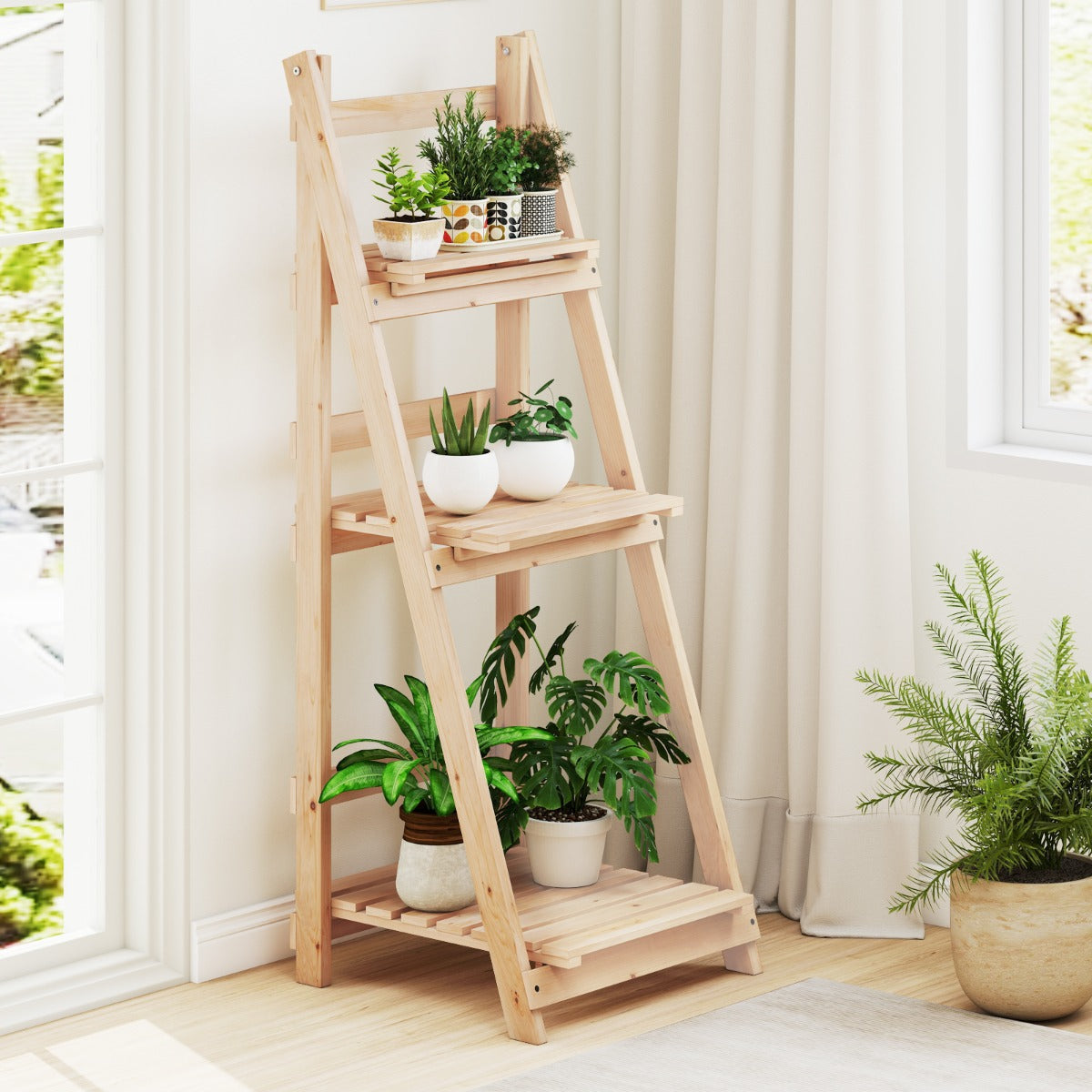 3-Tier Foldable Fir Wood Plant Stand – Ladder Shelf