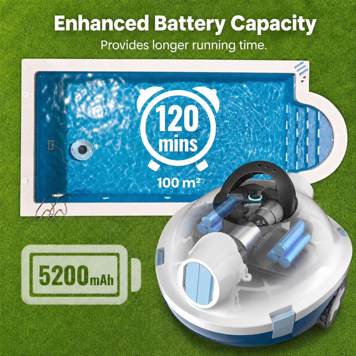 Cordless Robotic Pool Cleaner – 120-Min Runtime, Self-Parking, 5200mAh Battery