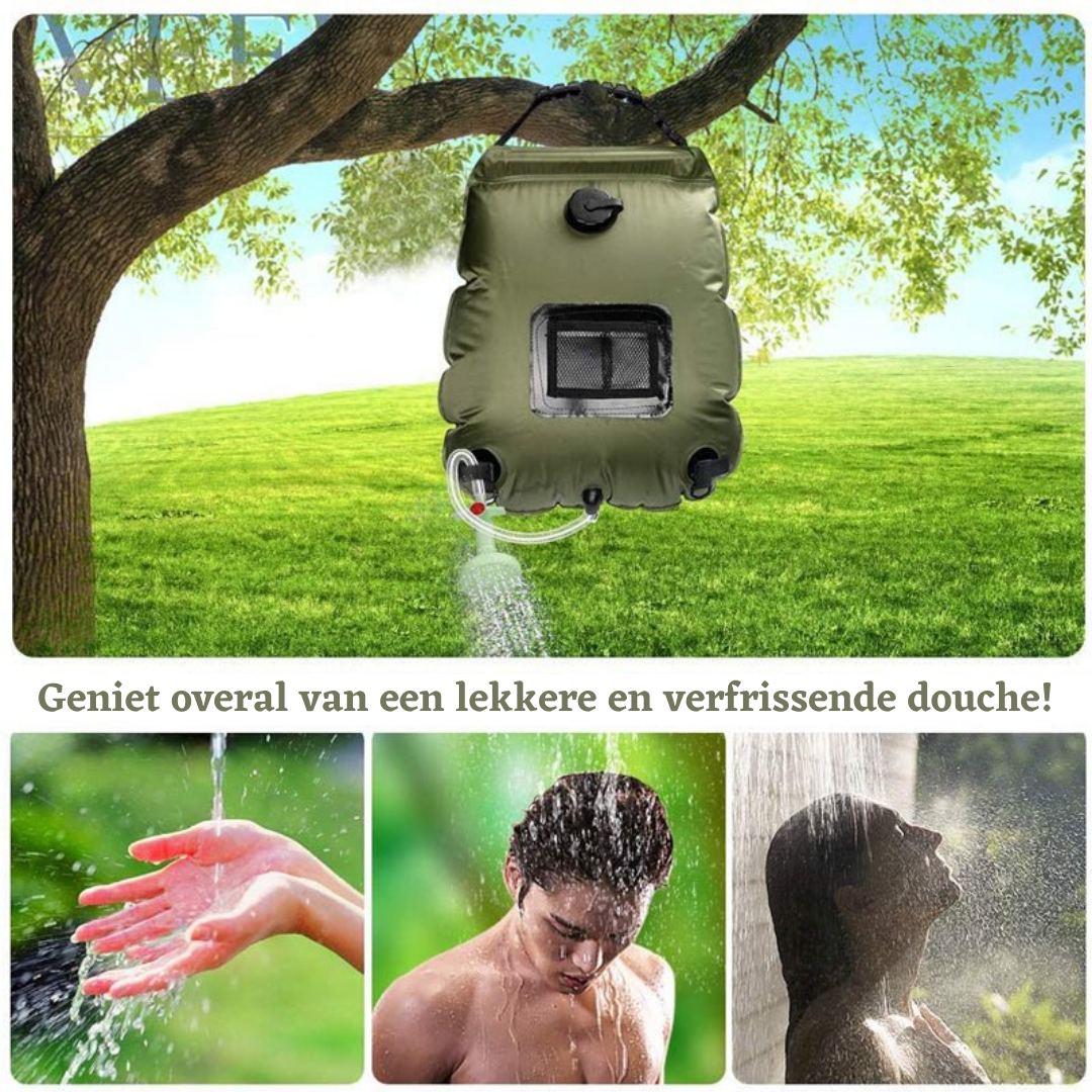 Solar camping shower – Inflatable water container with solar heating