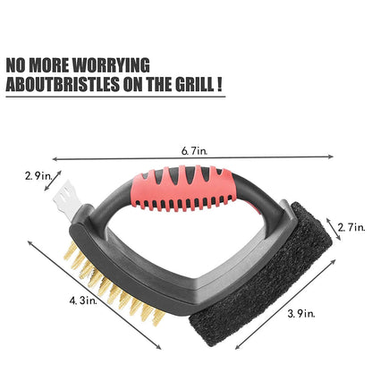 3-in-1 BBQ Grill Brush with Brass Bristles & Scraper