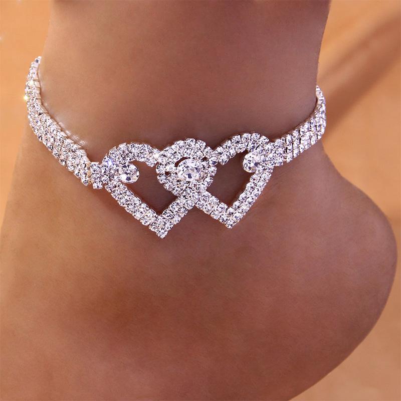 Rhinestone Double Heart Anklet Fashion Jewelry