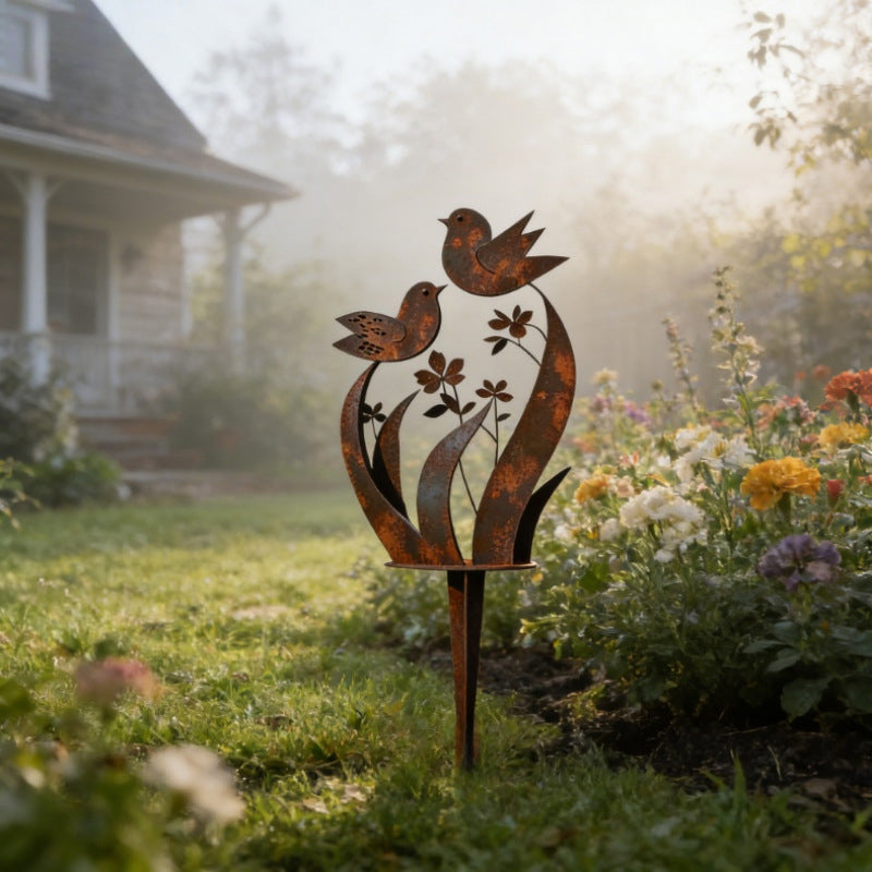 Iron garden stake with bird and flower motif