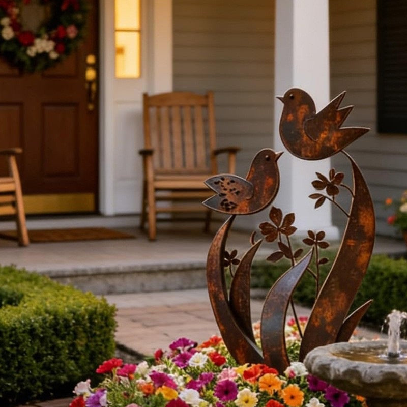 Iron garden stake with bird and flower motif