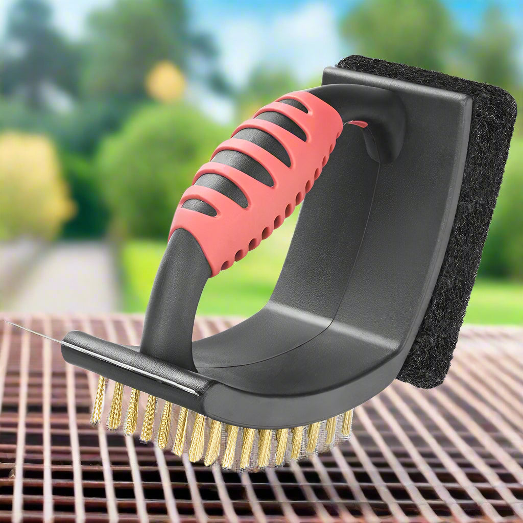 3-in-1 BBQ Grill Brush with Brass Bristles & Scraper