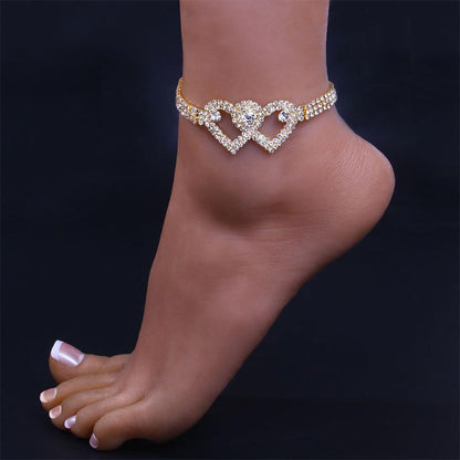 Rhinestone Double Heart Anklet Fashion Jewelry