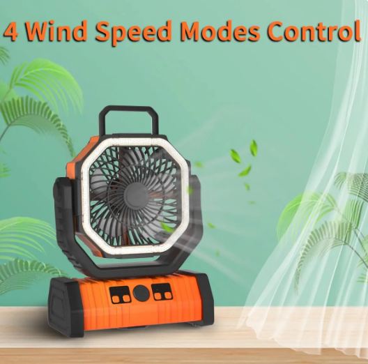 Portable Camping Fan - USB Rechargeable, Quiet, LED Light, 3 Speeds