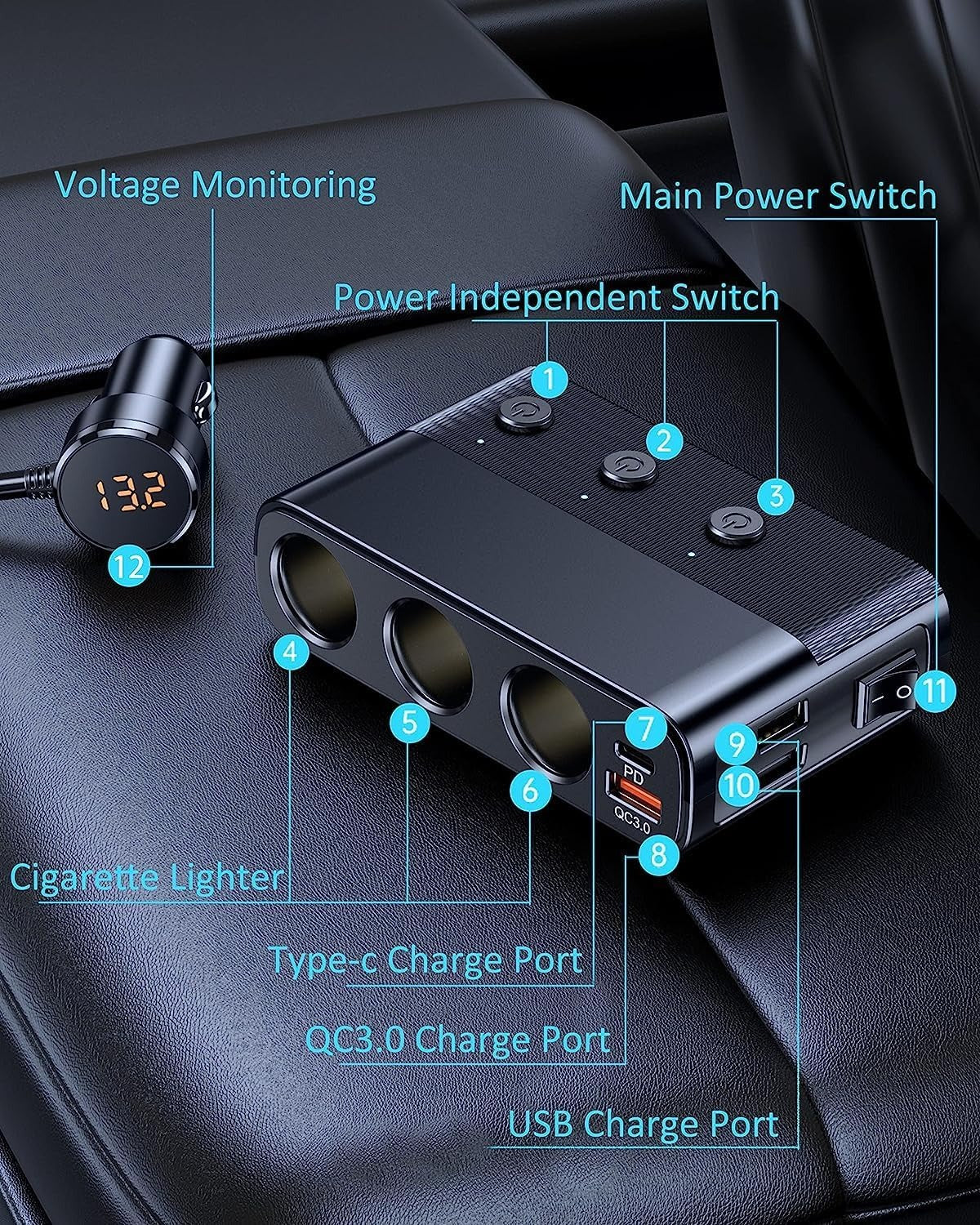7-in-1 Car 12 V Socket Adapter with Four USB Ports product image 8