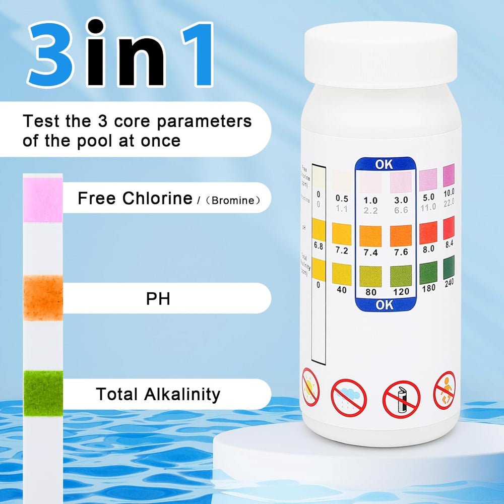 Pool test strips 3-in-1 for chlorine, pH value, and alkalinity