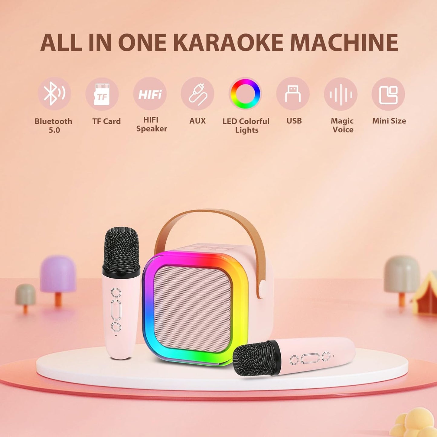 Mini Karaoke Machine for Kids - 2 Microphones, Bluetooth