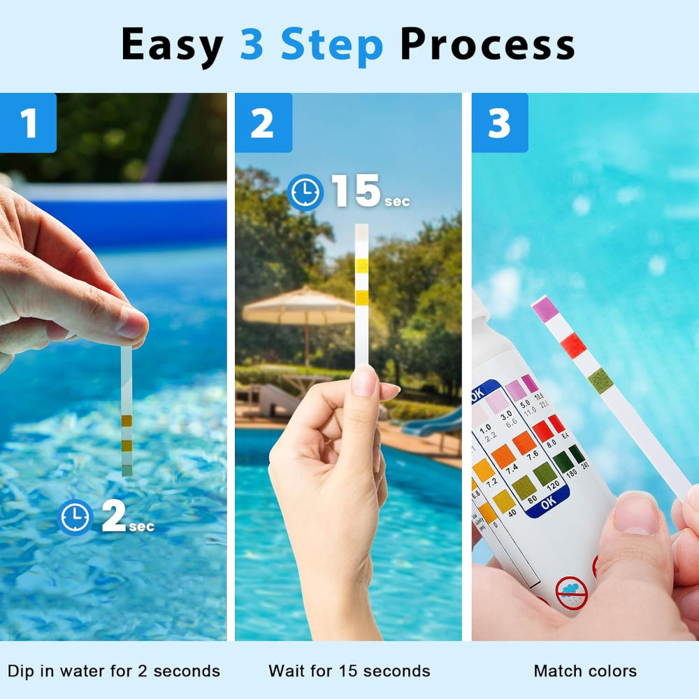 Pool test strips 3-in-1 for chlorine, pH value, and alkalinity
