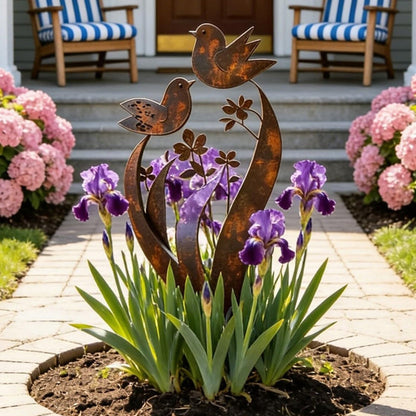 Iron garden stake with bird and flower motif