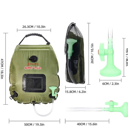 Solar camping shower – Inflatable water container with solar heating