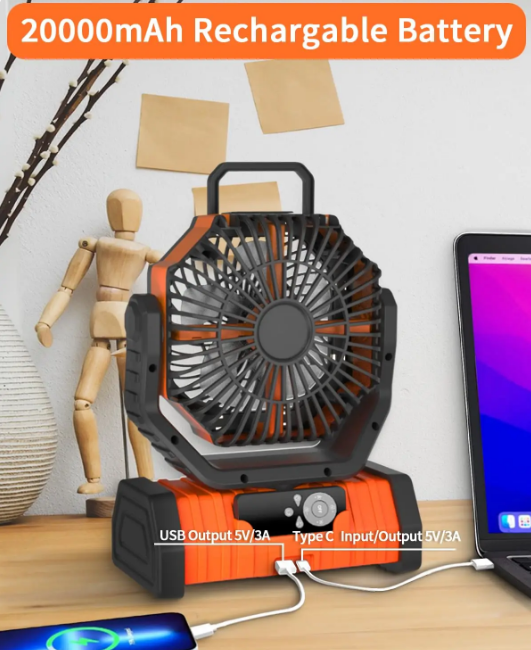 Portable Camping Fan - USB Rechargeable, Quiet, LED Light, 3 Speeds