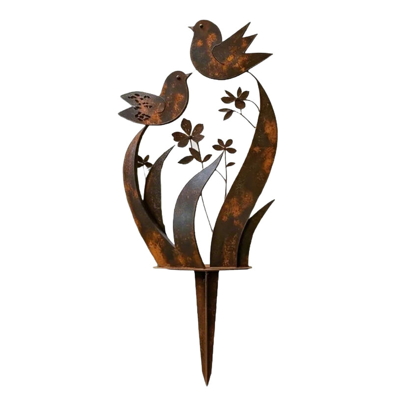 Iron garden stake with bird and flower motif