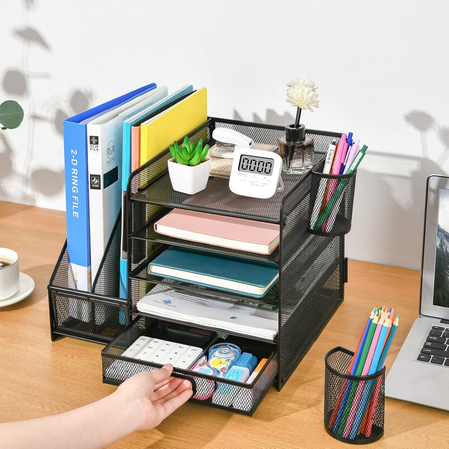 5-Tier Mesh Desk Organiser with Drawer & Pen Holders
