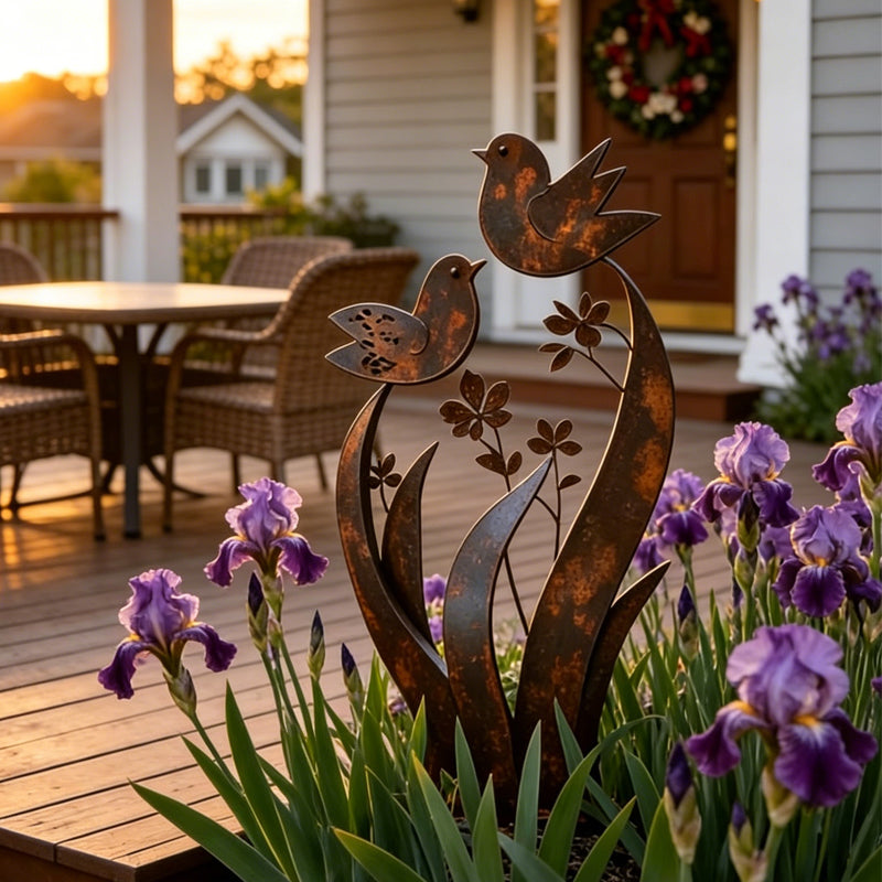 Iron garden stake with bird and flower motif