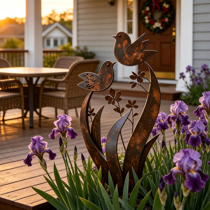 Iron garden stake with bird and flower motif