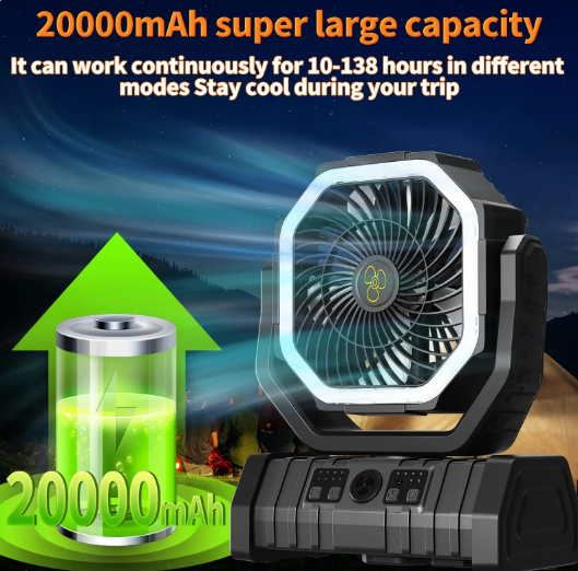Portable Camping Fan - USB Rechargeable, Quiet, LED Light, 3 Speeds