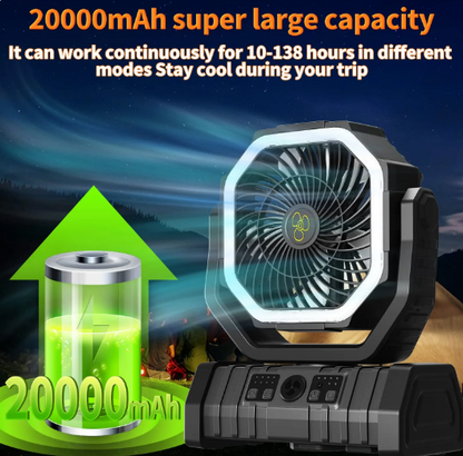 Portable Camping Fan - USB Rechargeable, Quiet, LED Light, 3 Speeds