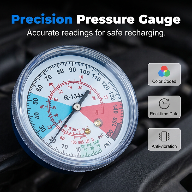 AC air conditioning refill hose with precision pressure gauge