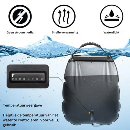 Solar camping shower – Inflatable water container with solar heating