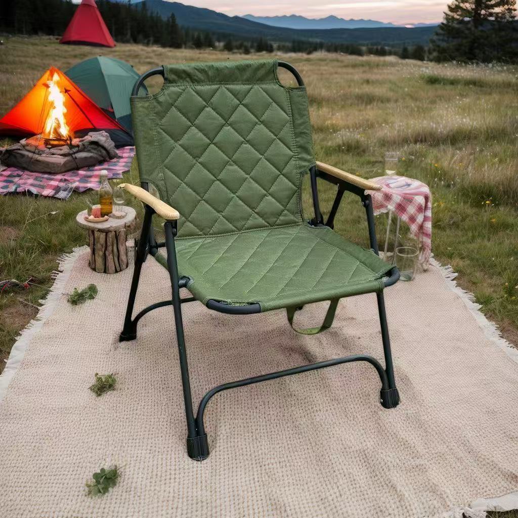 Folding carbon steel camping chair with armrests