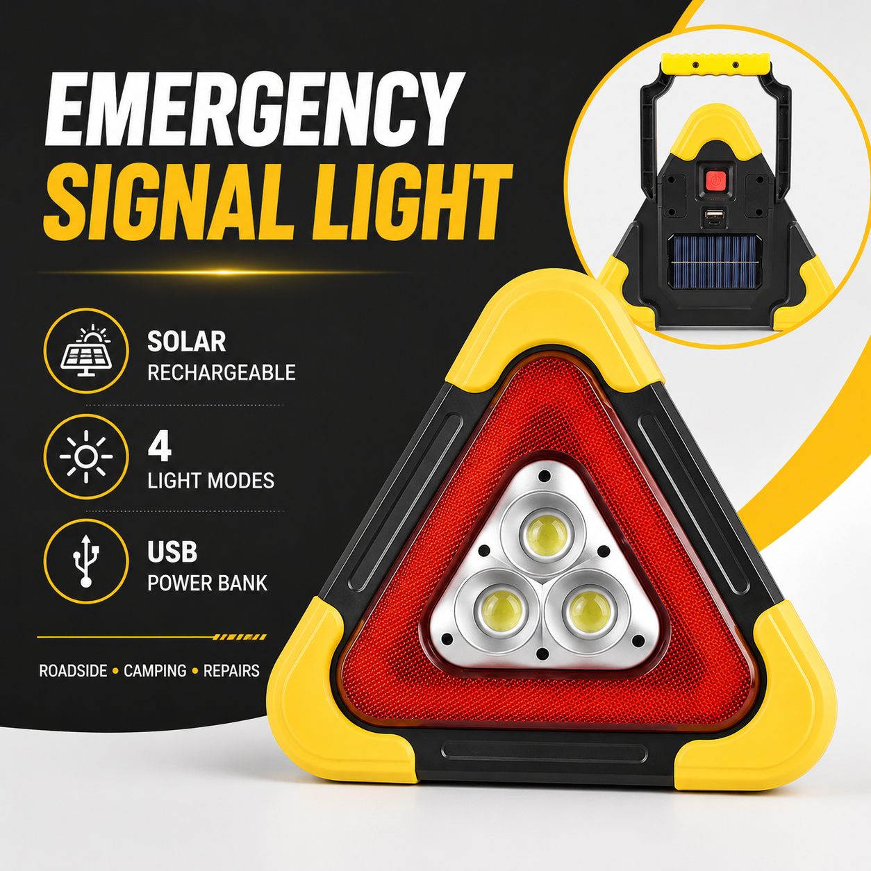 2-IN-1 Solar Emergency Triangular Roadside Signal Light