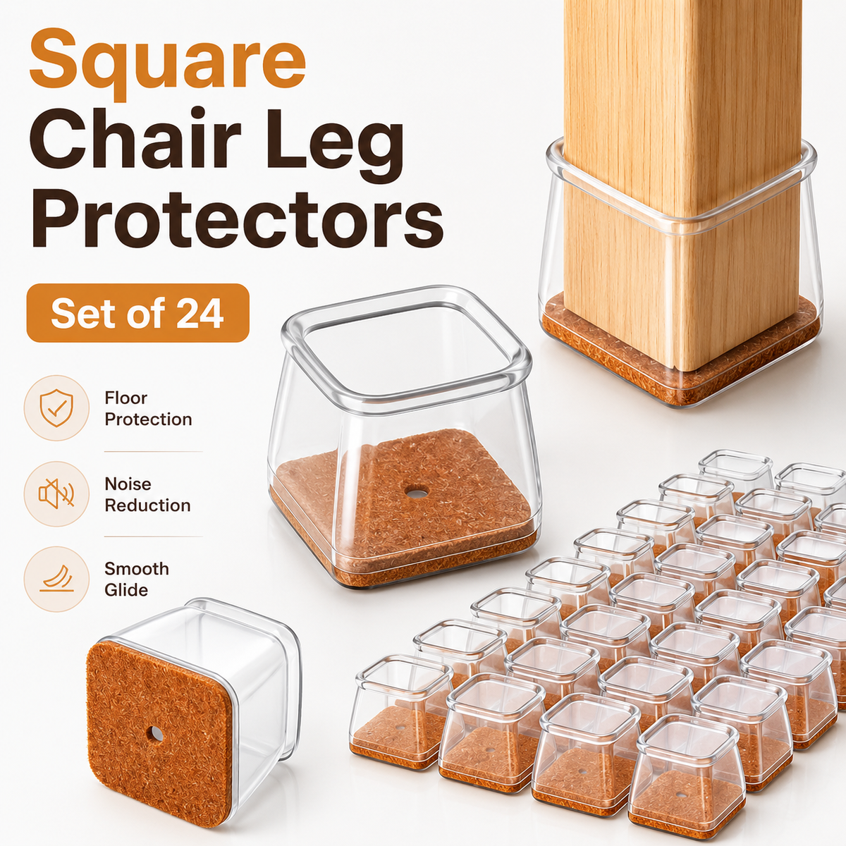 Square Silicone Chair Leg Floor Protectors -  Set of 24
