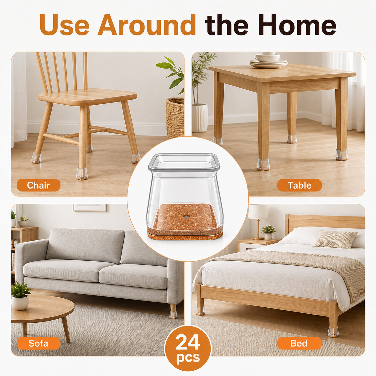 Square Silicone Chair Leg Floor Protectors -  Set of 24