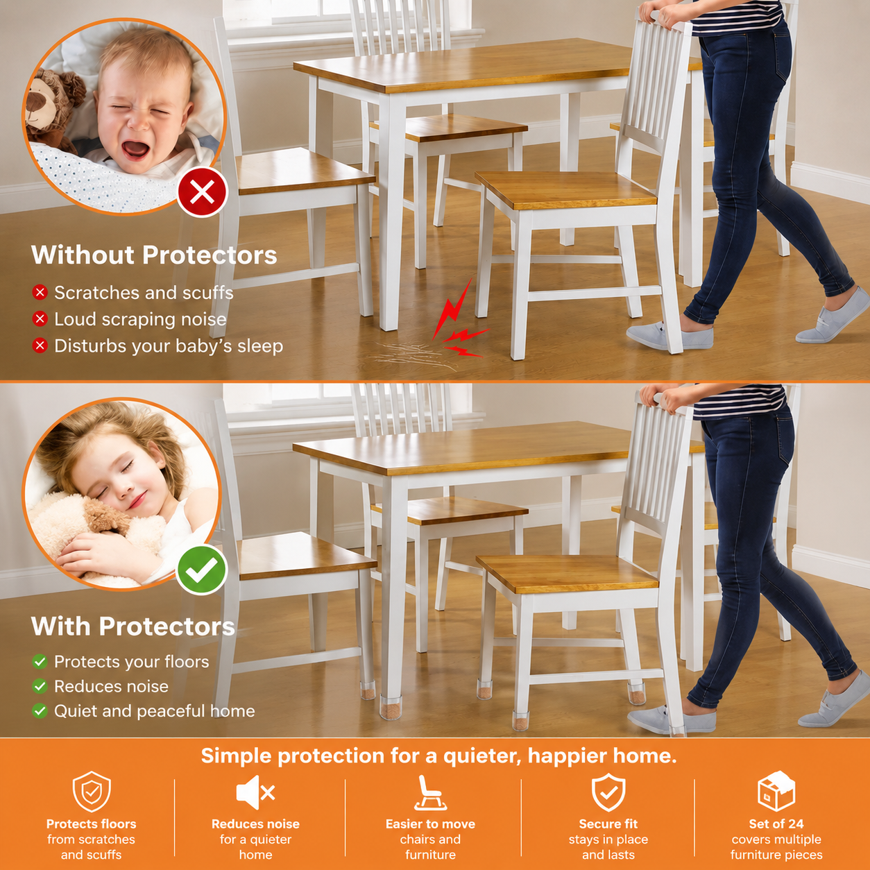 Square Silicone Chair Leg Floor Protectors -  Set of 24