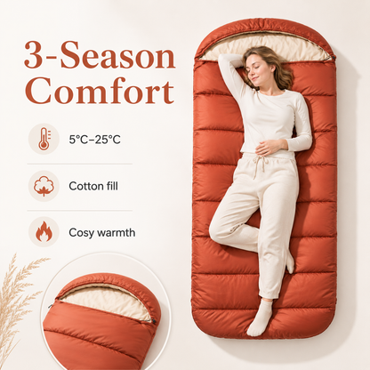 3-Season Cotton Sleeping Bag – Lightweight, Extra Wide for Adults