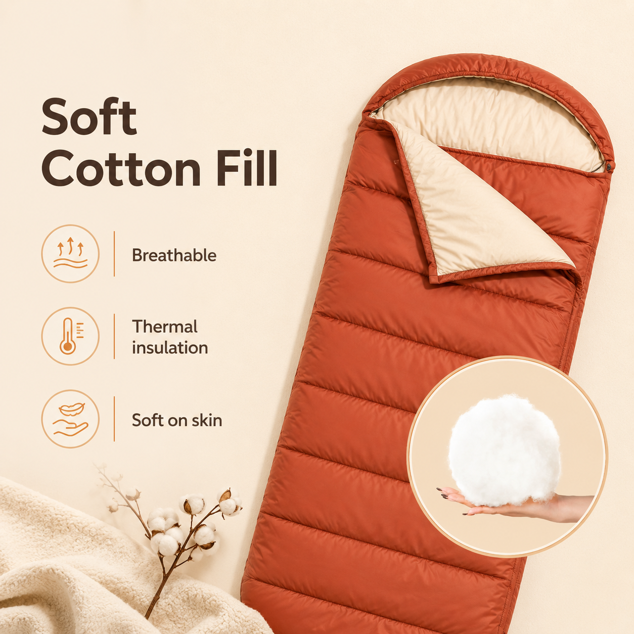 3-Season Cotton Sleeping Bag – Lightweight, Extra Wide for Adults