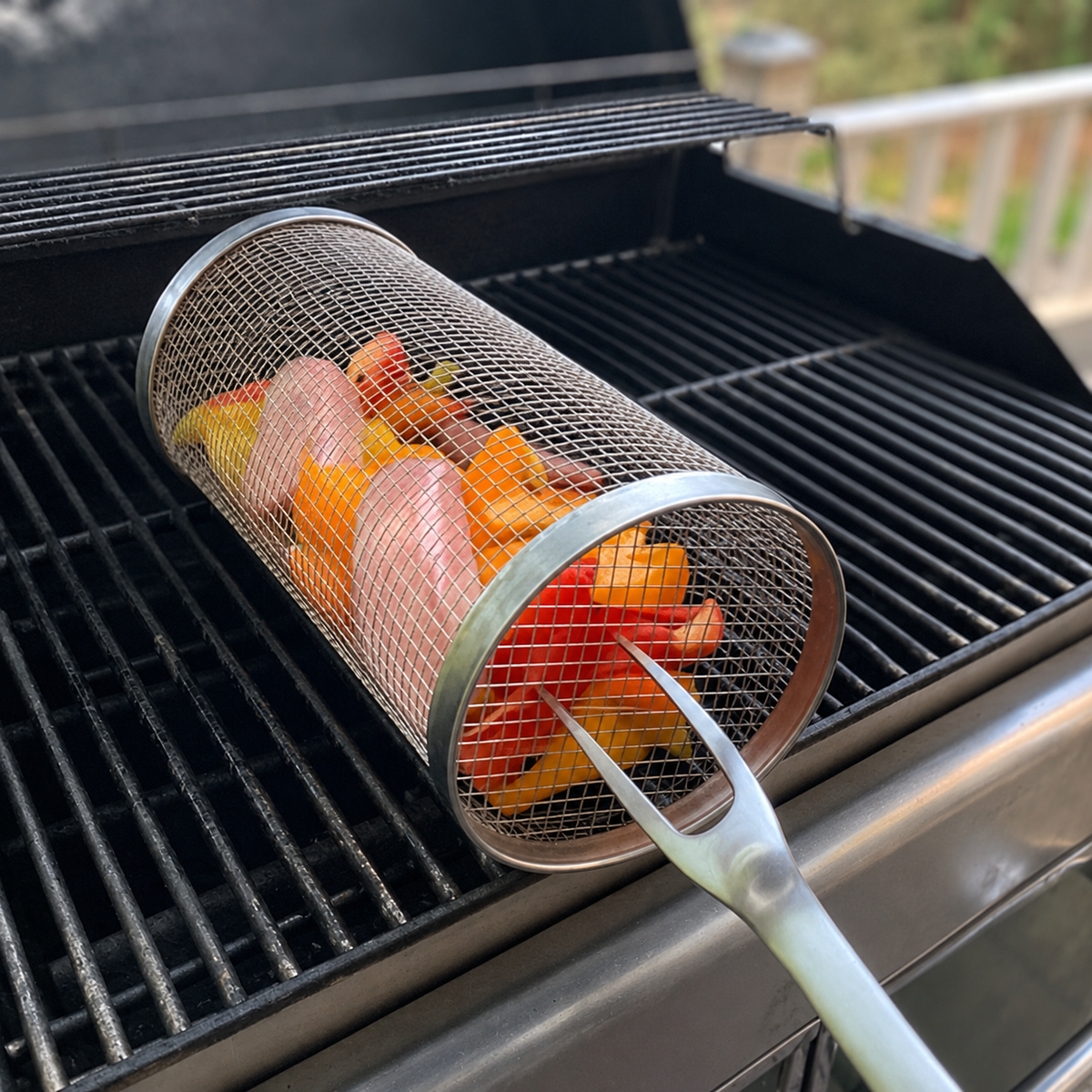 Rotating BBQ Grill Basket – 304 Stainless Steel Vegetable Roaster