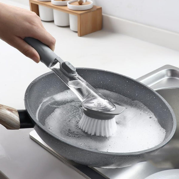 Long-Handle Dishwashing Brush – Refillable Soap Dispenser with Sponge Heads