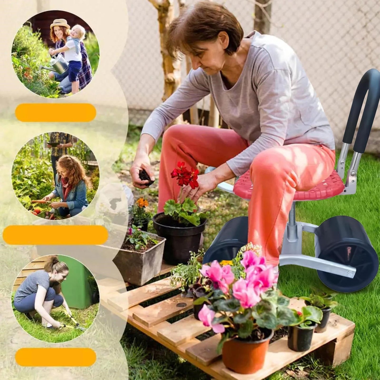 Rolling Garden Work Stool – Adjustable Rotating Seat
